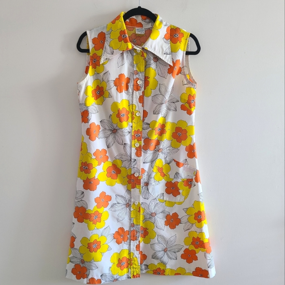 Vintage Mod Floral Hong Kong Collard Sleeveless Button Down Dress Size Large